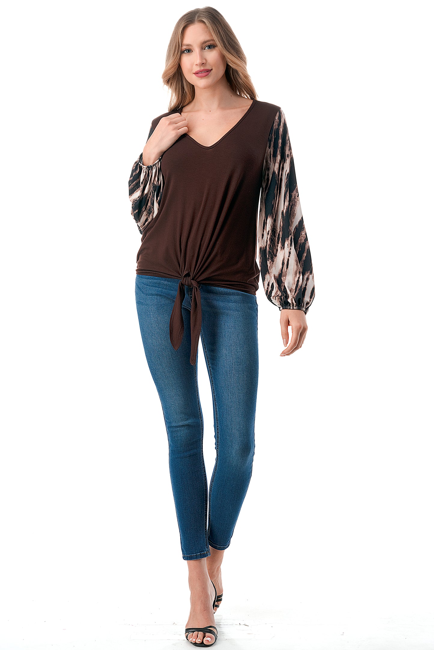NORAH FRONT TIE V NECK TOP (BROWN/BROWN WATERCOLOR)- VT3023
