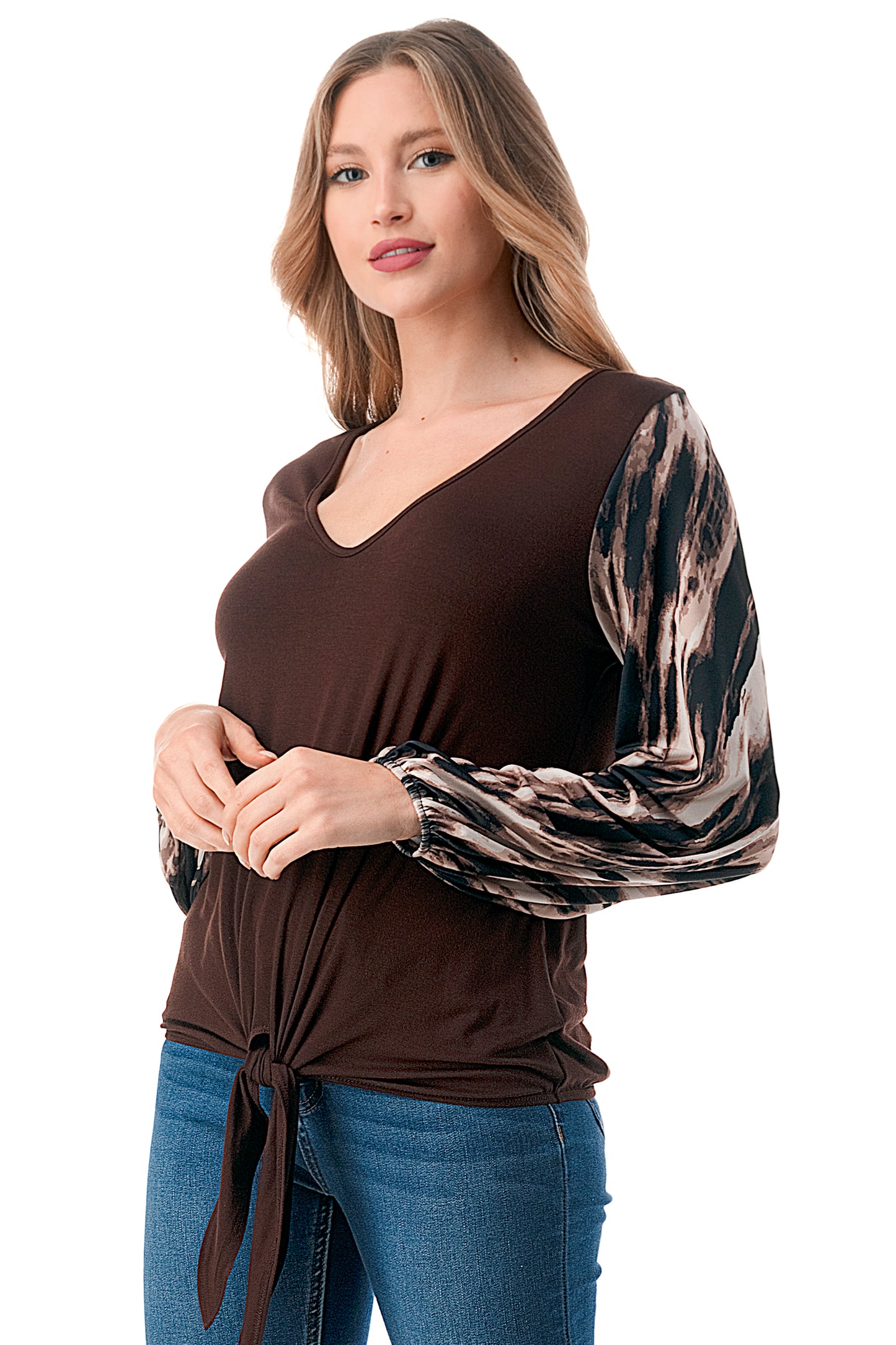 NORAH FRONT TIE V NECK TOP (BROWN/BROWN WATERCOLOR)- VT3023