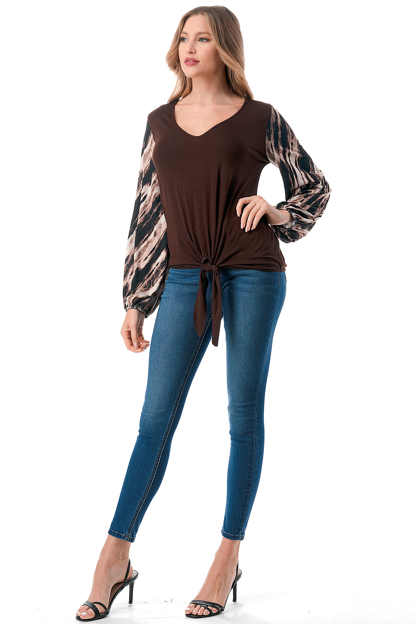 NORAH FRONT TIE V NECK TOP (BROWN/BROWN WATERCOLOR)- VT3023