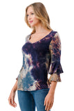 CORDELIA RUFFLE SLEEVE TOP (TAUPE TEAL TIE DYE)- VT3158