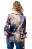 CORDELIA RUFFLE SLEEVE TOP (TAUPE TEAL TIE DYE)- VT3158