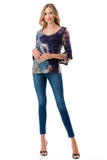 CORDELIA RUFFLE SLEEVE TOP (TAUPE TEAL TIE DYE)- VT3158