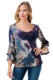 CORDELIA RUFFLE SLEEVE TOP (TAUPE TEAL TIE DYE)- VT3158