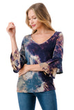 CORDELIA RUFFLE SLEEVE TOP (TAUPE TEAL TIE DYE)- VT3158