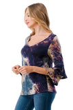 CORDELIA RUFFLE SLEEVE TOP (TAUPE TEAL TIE DYE)- VT3158