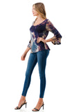 CORDELIA RUFFLE SLEEVE TOP (TAUPE TEAL TIE DYE)- VT3158