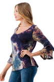 CORDELIA RUFFLE SLEEVE TOP (TAUPE TEAL TIE DYE)- VT3158