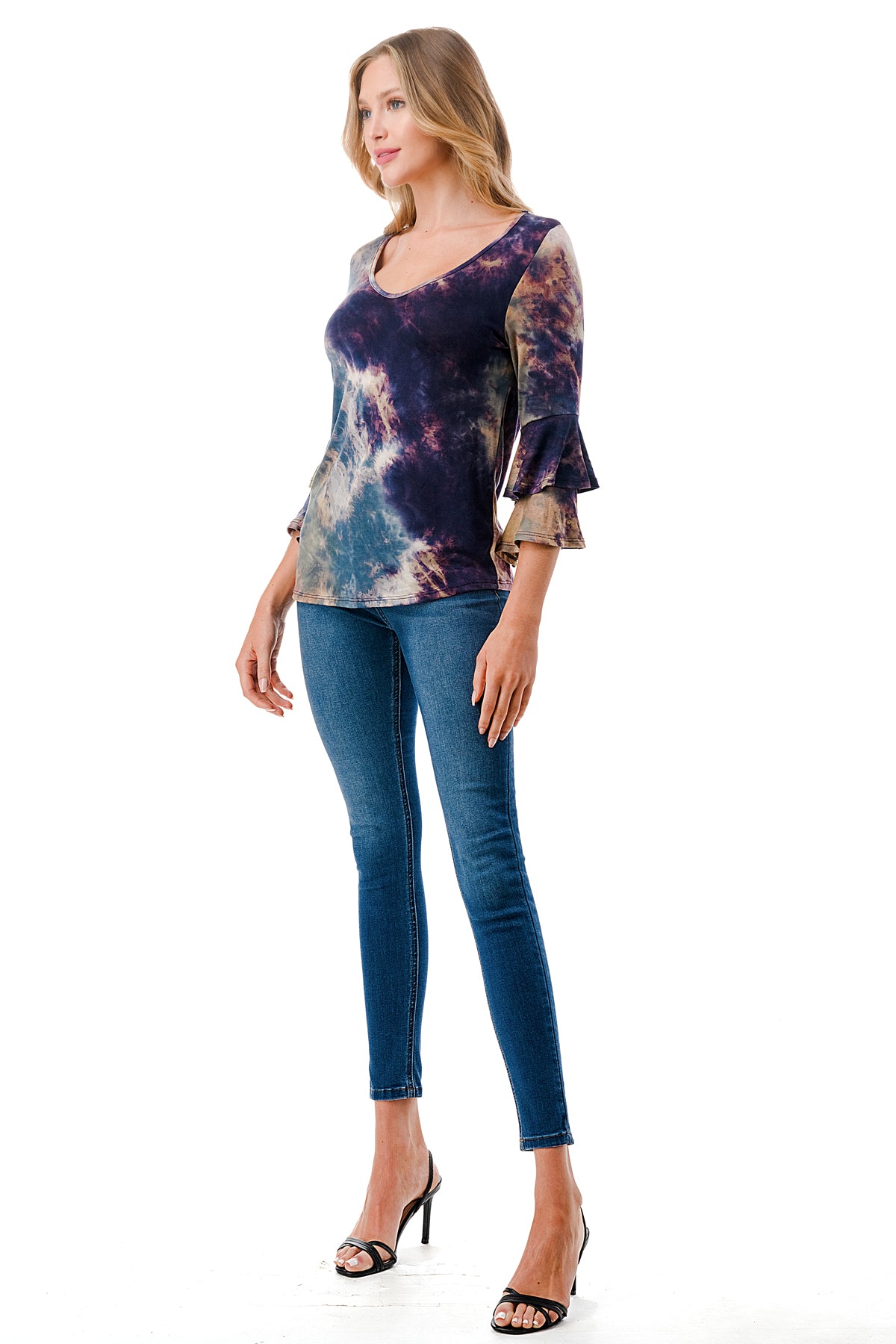 CORDELIA RUFFLE SLEEVE TOP (TAUPE TEAL TIE DYE)- VT3158