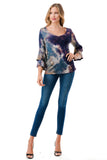 CORDELIA RUFFLE SLEEVE TOP (TAUPE TEAL TIE DYE)- VT3158