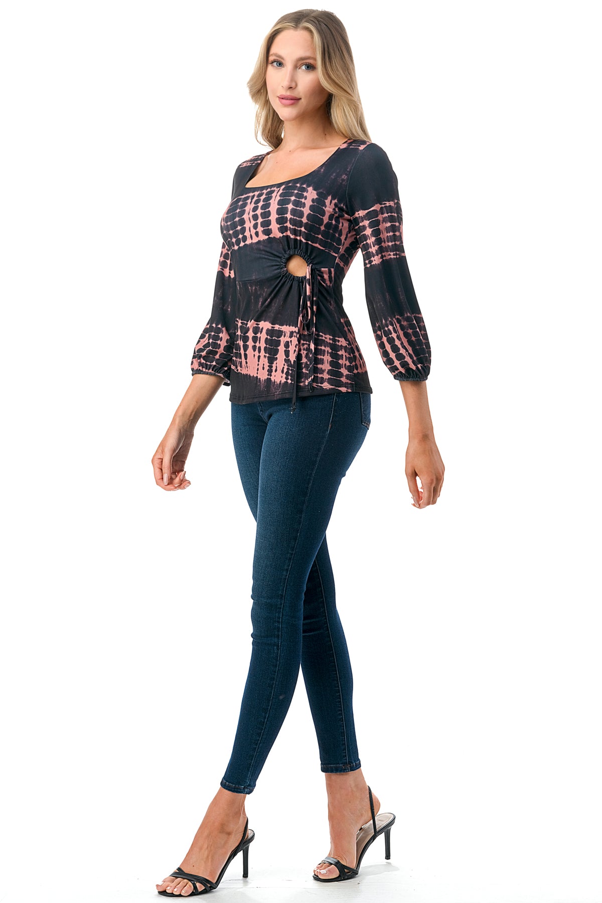 FRANCES FRONT KEY HOLE RIBBON TOP (BLACK/RUST TIE DYE)- VT3166