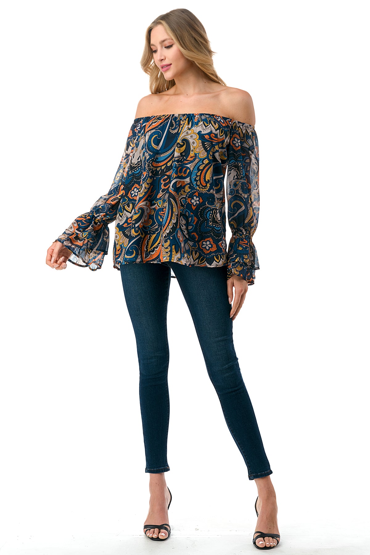 JANE OFF SHOULDER DOUBLE RUFFLE SLEEVE TOP (NAVY PAISLEY)- VT3173