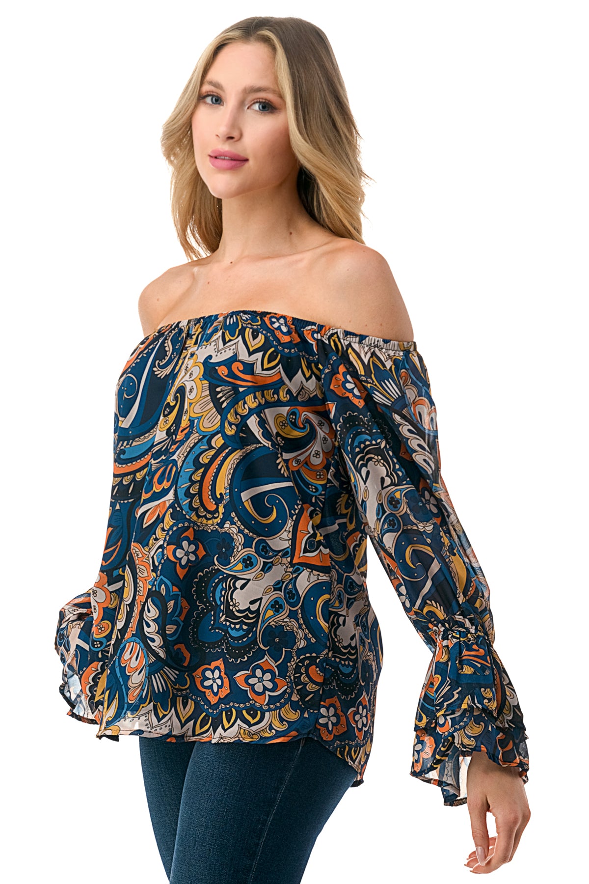 JANE OFF SHOULDER DOUBLE RUFFLE SLEEVE TOP (NAVY PAISLEY)- VT3173