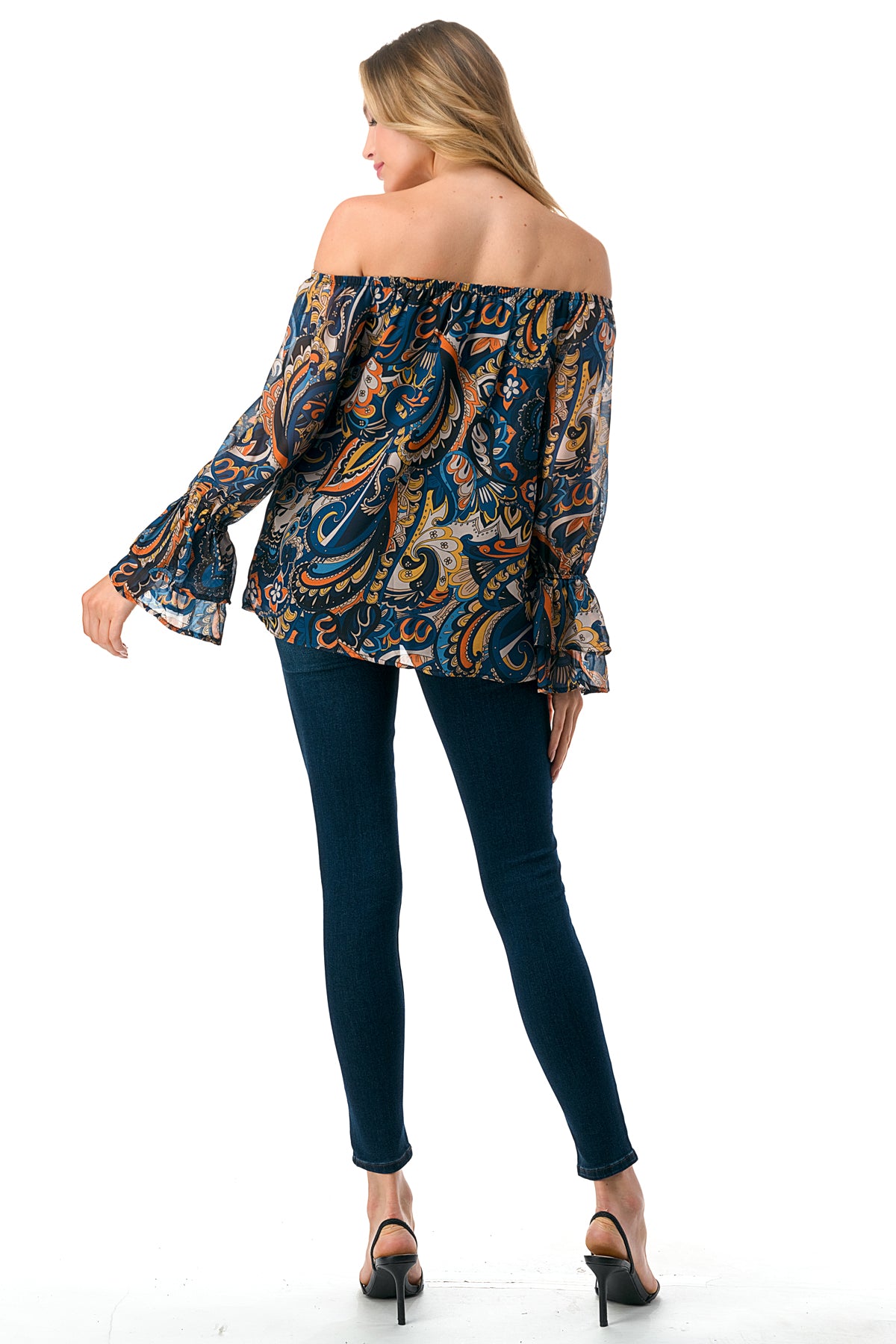 JANE OFF SHOULDER DOUBLE RUFFLE SLEEVE TOP (NAVY PAISLEY)- VT3173