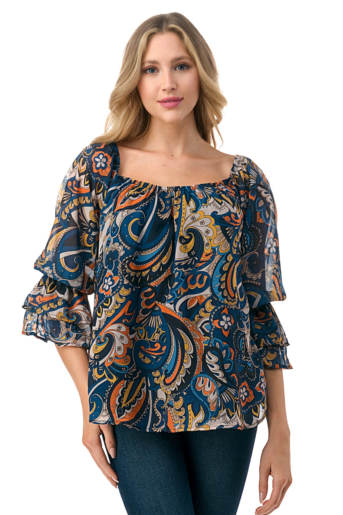 JANE OFF SHOULDER DOUBLE RUFFLE SLEEVE TOP (NAVY PAISLEY)- VT3173
