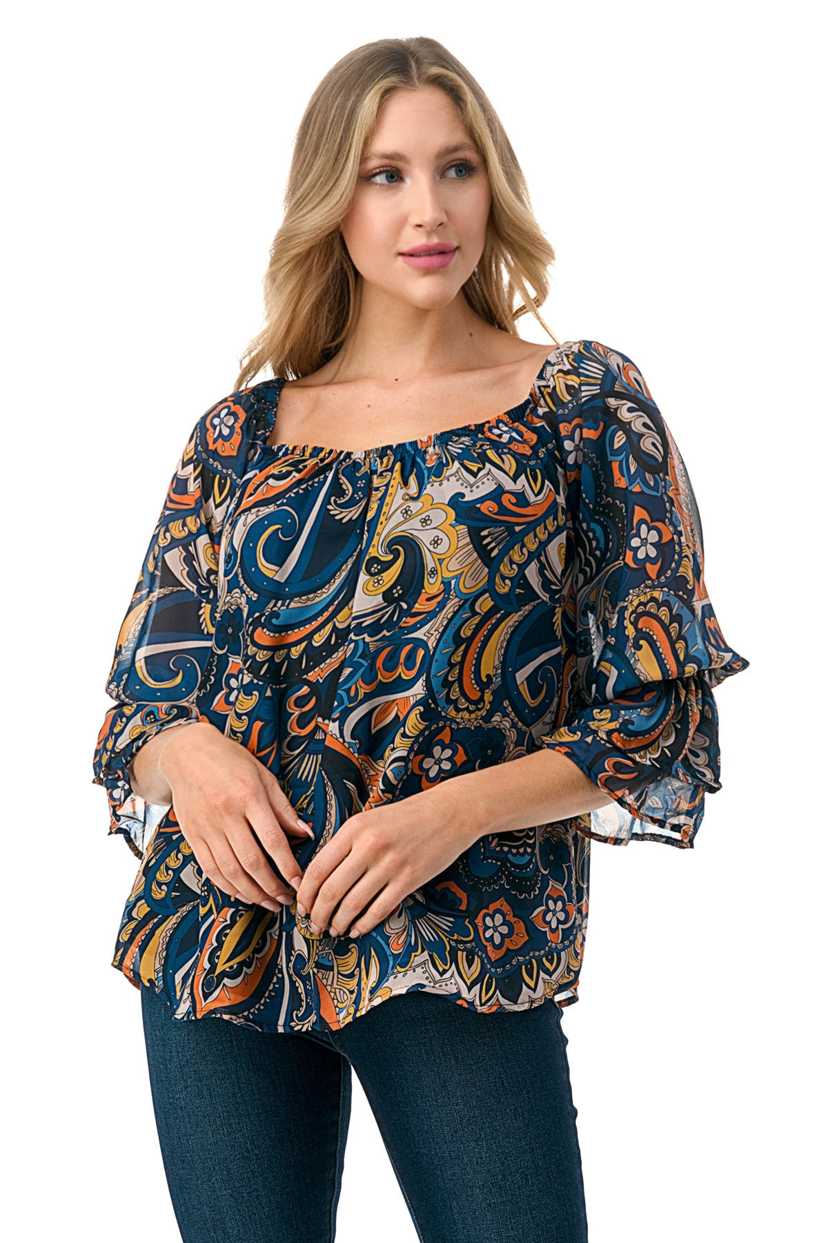 JANE OFF SHOULDER DOUBLE RUFFLE SLEEVE TOP (NAVY PAISLEY)- VT3173