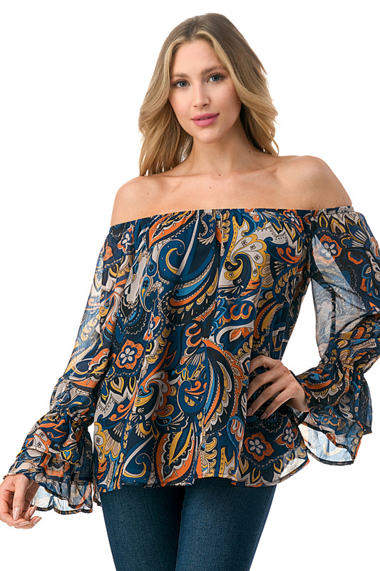 JANE OFF SHOULDER DOUBLE RUFFLE SLEEVE TOP (NAVY PAISLEY)- VT3173