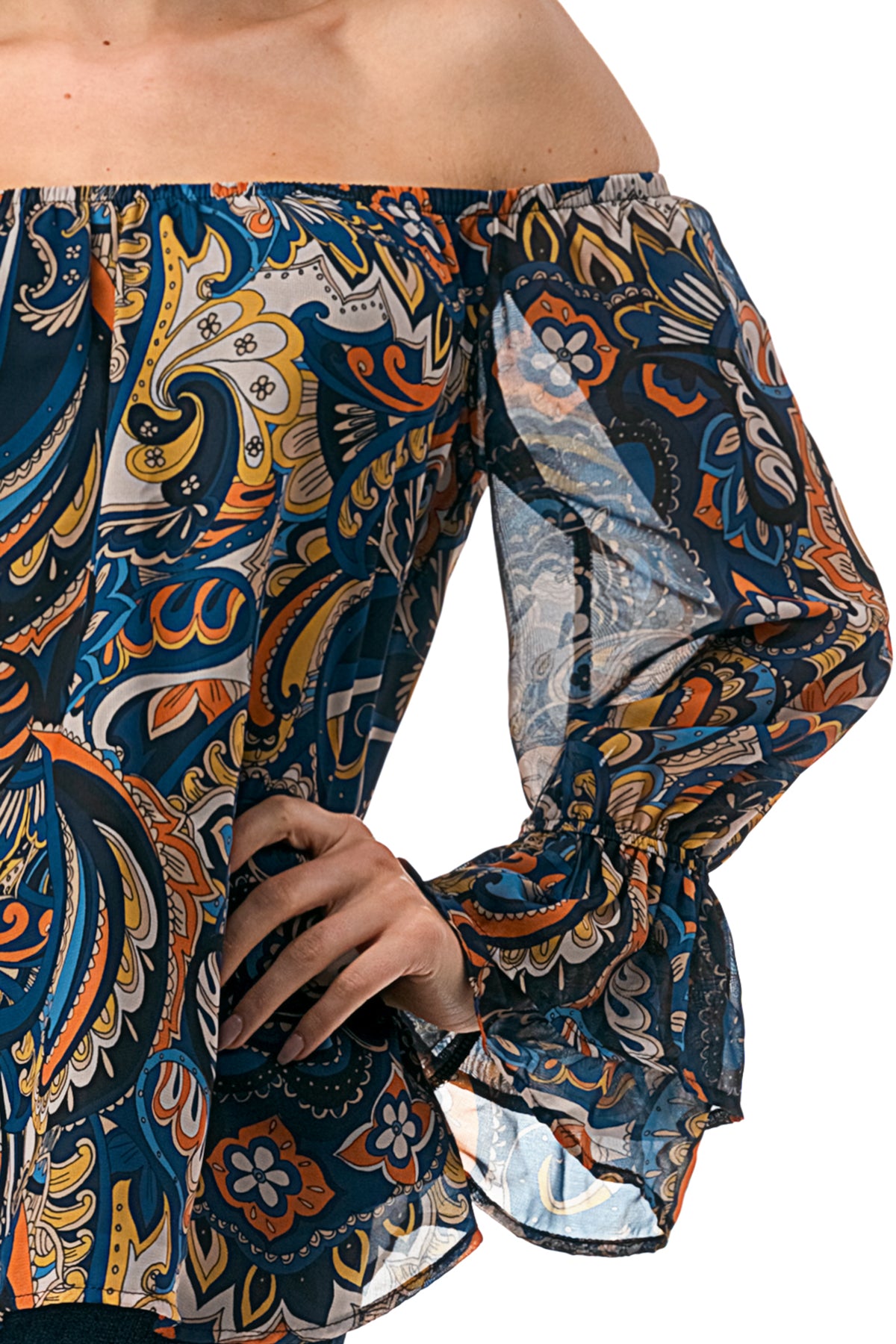 JANE OFF SHOULDER DOUBLE RUFFLE SLEEVE TOP (NAVY PAISLEY)- VT3173