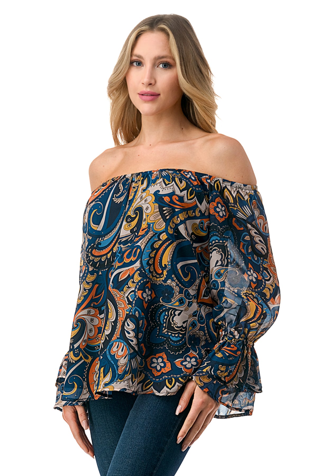 JANE OFF SHOULDER DOUBLE RUFFLE SLEEVE TOP (NAVY PAISLEY)- VT3173