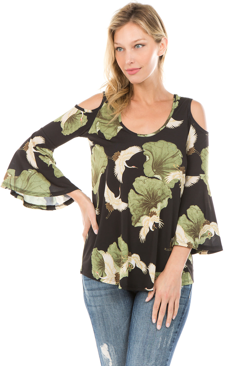 PRINTED BRENDA TOP (Black/Bird)- VT7365